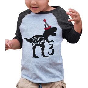 7 ate 9 Apparel Three Dinosaur Birthday 3rd 3 Birthday Dino Grey Baseball Shirt