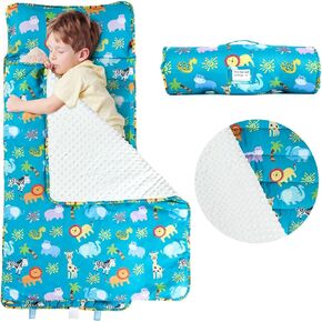 Toddler Animal Themed nap mat for Daycare, Travel Sleeping Bag, Ages 2-7, with Removable Pillow, Easy to roll up, Easy to Carry, Lightweight, Soft and Comfortable for Boys and Girls