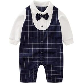 Baby Boys' Tie Gentleman One-Piece Black and Blue Stitching Tuxedo Onesie Jumpsuit Overall Romper