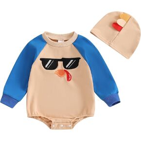 Baby Boy Outfit Long Sleeve Crew Neck Jumpsut Turkey Print Contrast Color Romper Hat 2Pcs Set Thanksgiving Clothes