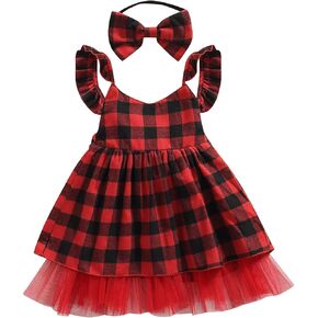 Toddler Baby Girl Christmas Dress Plaid Tulle Tutu Outfit 1-5T Girls Dresses Clothes