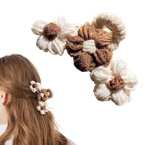 Knitted Flower Hair Claw Clip - Crochet Hair Clips - Stylish Crochet Hair Accessory for Women and Girls - Plush Barrette with Strong Hold for Thick and Thin Hair，Clips and Barrettes