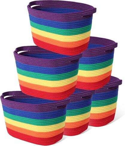 6 عبوات من سلال الحبال المنسوجة للتخزين، سلال تخزين من الحبال القطنية للبطانيات، سلة منسوجة للمجلات، ألعاب الأطفال، صناديق تخزين الحضانة لتخزين الفصول الدراسية، غرفة المعيشة، مقاس 15 × 9 (قوس قزح) in Kuwait