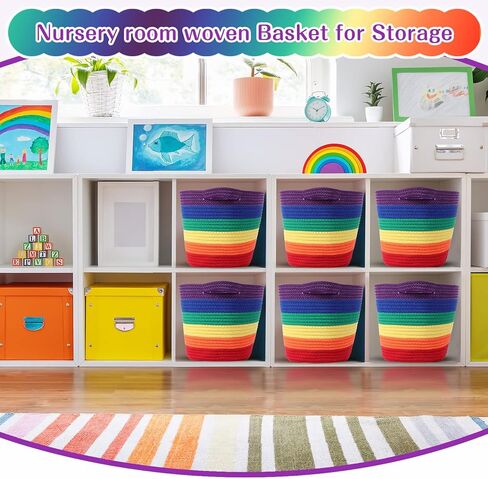 6 عبوات من سلال الحبال المنسوجة للتخزين، سلال تخزين من الحبال القطنية للبطانيات، سلة منسوجة للمجلات، ألعاب الأطفال، صناديق تخزين الحضانة لتخزين الفصول الدراسية، غرفة المعيشة، مقاس 15 × 9 (قوس قزح) in Kuwait