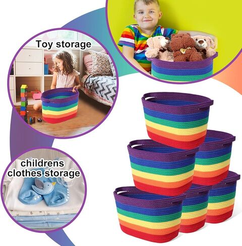 6 عبوات من سلال الحبال المنسوجة للتخزين، سلال تخزين من الحبال القطنية للبطانيات، سلة منسوجة للمجلات، ألعاب الأطفال، صناديق تخزين الحضانة لتخزين الفصول الدراسية، غرفة المعيشة، مقاس 15 × 9 (قوس قزح) in Kuwait