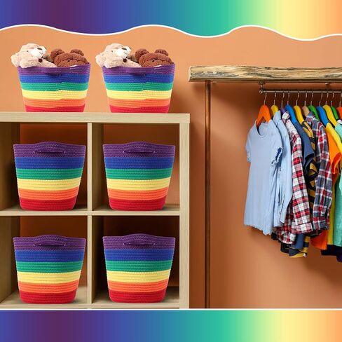 6 عبوات من سلال الحبال المنسوجة للتخزين، سلال تخزين من الحبال القطنية للبطانيات، سلة منسوجة للمجلات، ألعاب الأطفال، صناديق تخزين الحضانة لتخزين الفصول الدراسية، غرفة المعيشة، مقاس 15 × 9 (قوس قزح) in Kuwait