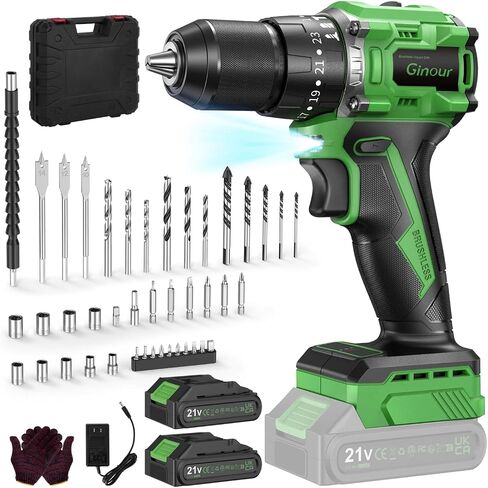Ginour 21V Brushless Cordless Drill Set Power Drill Set with 2 Batteries and Charger, 23+3 Torque, Brushless Electric Drill Driver Hammer Impact Drill Set, 3/8-Inch Keyless Chuck, 2 Variable Speed in Saudi Arabia