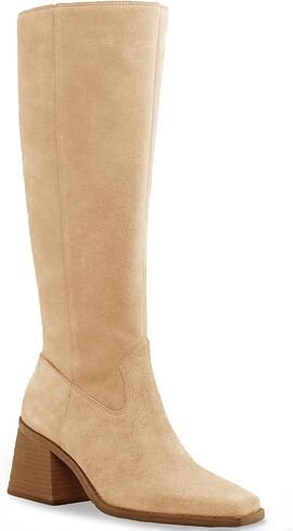 Coutgo Women's Knee High Boots Wide Calf Square Toe Chunky Heeled Pull-on Boot in Saudi Arabia