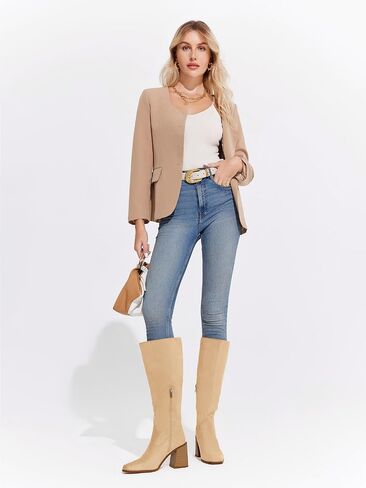 Coutgo Women's Knee High Boots Wide Calf Square Toe Chunky Heeled Pull-on Boot in Saudi Arabia