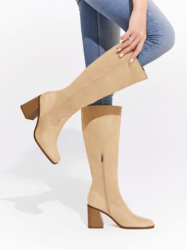 Coutgo Women's Knee High Boots Wide Calf Square Toe Chunky Heeled Pull-on Boot in Saudi Arabia