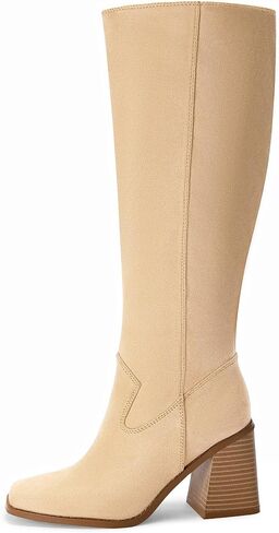 Coutgo Women's Knee High Boots Wide Calf Square Toe Chunky Heeled Pull-on Boot in Saudi Arabia