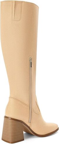 Coutgo Women's Knee High Boots Wide Calf Square Toe Chunky Heeled Pull-on Boot in Saudi Arabia