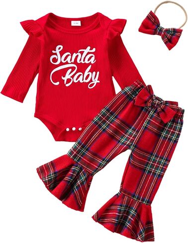 My First Christmas Baby Girl Outfit Letter Print Long Sleeve Romper Plaid Bell Bottoms Set Winter Clothes in Saudi Arabia