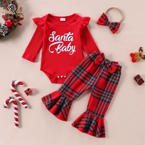 My First Christmas Baby Girl Outfit Letter Print Long Sleeve Romper Plaid Bell Bottoms Set Winter Clothes in Saudi Arabia