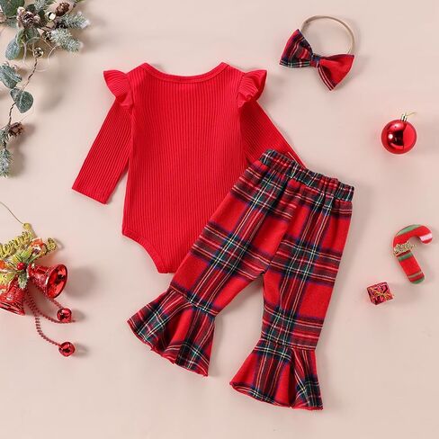 My First Christmas Baby Girl Outfit Letter Print Long Sleeve Romper Plaid Bell Bottoms Set Winter Clothes in Saudi Arabia