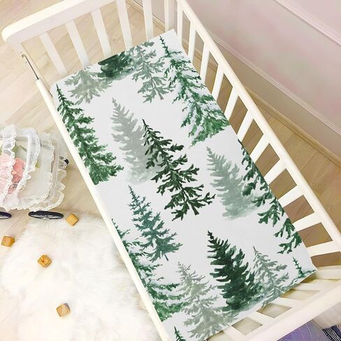 Pfrewn Christmas Crib Sheets for Boys Girls Woodland Rustic Forest Pine Trees Fitted Crib Sheet for Mini Crib Mattress Stretch Soft Winter Pattern Toddler Baby Playard Sheet,39x27IN in Kuwait