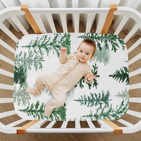 Pfrewn Christmas Crib Sheets for Boys Girls Woodland Rustic Forest Pine Trees Fitted Crib Sheet for Mini Crib Mattress Stretch Soft Winter Pattern Toddler Baby Playard Sheet,39x27IN in Kuwait