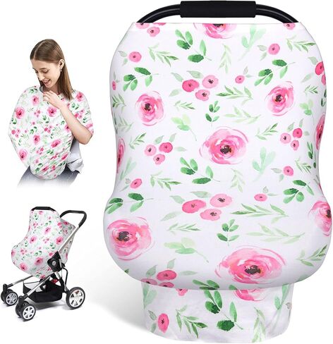 7 in 1 Car Seat Cover for Babies, Stretchy Nursing Cover for Breastfeeding, Winter Infant Carseat Canopy for Boys and Girls, Floral Newborn Carrier Cover in Kuwait