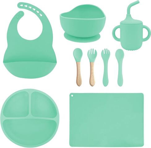 Silicone Baby Feeding Set, Baby Plates and Bowls Set, 9 Pcs Baby Led Weaning Supplies, Includes Suction Cup Plate, Bowl, Adjustable Bib, Sippy Cup, Fork, Spoon, Baby Utensils 6+ Months (Blue) in Saudi Arabia