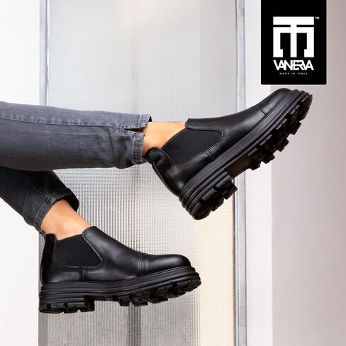 Soho | 100% Made in Italy Chelsea Boots for Women, Black Italian Leather - Chunky, Non Slip Platform Sole and Lug Heel - Ankle Booties for Ladies - Ideal for Fall and Winter in Kuwait