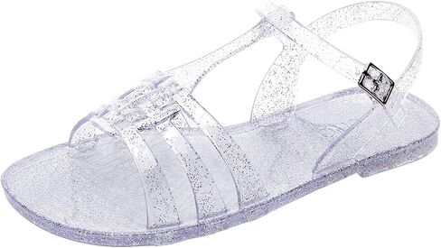 Women Sandals Jelly Shoes Flats Size 9 Beige T-Strap Crystal Jellies Slides Clear Rain Slippers Glitter Summer Beach Retro in Saudi Arabia