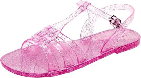 Women Sandals Jelly Shoes Flats Size 9 Beige T-Strap Crystal Jellies Slides Clear Rain Slippers Glitter Summer Beach Retro in Saudi Arabia