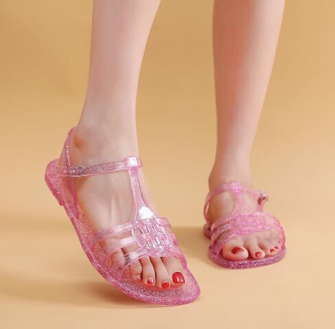 Women Sandals Jelly Shoes Flats Size 9 Beige T-Strap Crystal Jellies Slides Clear Rain Slippers Glitter Summer Beach Retro in Saudi Arabia