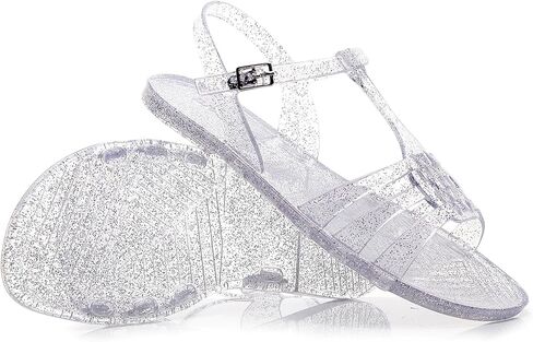 Women Sandals Jelly Shoes Flats Size 9 Beige T-Strap Crystal Jellies Slides Clear Rain Slippers Glitter Summer Beach Retro in Saudi Arabia