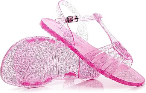 Women Sandals Jelly Shoes Flats Size 9 Beige T-Strap Crystal Jellies Slides Clear Rain Slippers Glitter Summer Beach Retro in Saudi Arabia