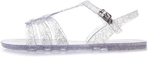 Women Sandals Jelly Shoes Flats Size 9 Beige T-Strap Crystal Jellies Slides Clear Rain Slippers Glitter Summer Beach Retro in Saudi Arabia