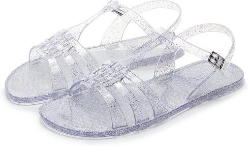 Women Sandals Jelly Shoes Flats Size 9 Beige T-Strap Crystal Jellies Slides Clear Rain Slippers Glitter Summer Beach Retro in Saudi Arabia