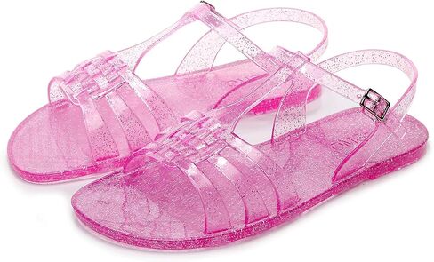 Women Sandals Jelly Shoes Flats Size 9 Beige T-Strap Crystal Jellies Slides Clear Rain Slippers Glitter Summer Beach Retro in Saudi Arabia