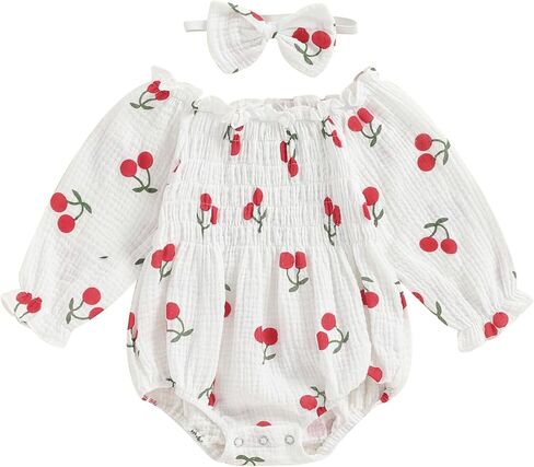 بدلة رومبير للفتيات الصغيرات من القطن والكتان بأكمام طويلة مع عصابة رأس (كرزي، 0-3 أشهر) in Kuwait