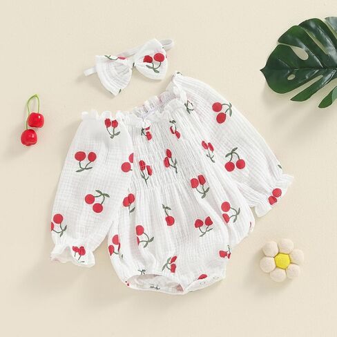 بدلة رومبير للفتيات الصغيرات من القطن والكتان بأكمام طويلة مع عصابة رأس (كرزي، 0-3 أشهر) in Kuwait