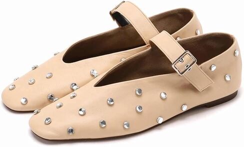 Goolita Sparkly Rhinestone Flats for Women, Square Toe Low Heel Studded Balle Flats Shoes Comfortable Buckle Strap Mary Jane Shoes in Saudi Arabia