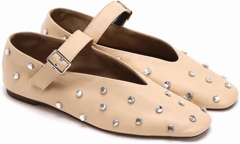 Goolita Sparkly Rhinestone Flats for Women, Square Toe Low Heel Studded Balle Flats Shoes Comfortable Buckle Strap Mary Jane Shoes in Saudi Arabia