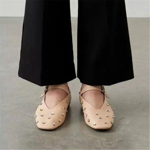 Goolita Sparkly Rhinestone Flats for Women, Square Toe Low Heel Studded Balle Flats Shoes Comfortable Buckle Strap Mary Jane Shoes in Saudi Arabia