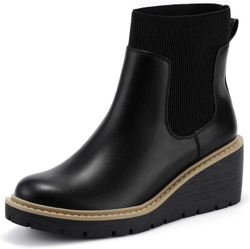 IDIFU IN3 Platform Chelsea Boots for Women Low Short Wedges Ankle Boots Lug Sole Trendy Fashion Comfortable Fall Dress Booties Slip On Elastic Casual Work Daily Round Toe Ladies Boots in Kuwait