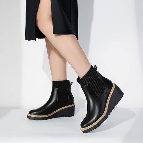 IDIFU IN3 Platform Chelsea Boots for Women Low Short Wedges Ankle Boots Lug Sole Trendy Fashion Comfortable Fall Dress Booties Slip On Elastic Casual Work Daily Round Toe Ladies Boots in Kuwait