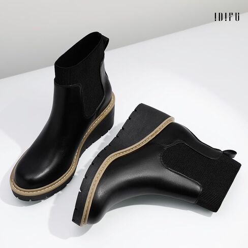 IDIFU IN3 Platform Chelsea Boots for Women Low Short Wedges Ankle Boots Lug Sole Trendy Fashion Comfortable Fall Dress Booties Slip On Elastic Casual Work Daily Round Toe Ladies Boots in Kuwait