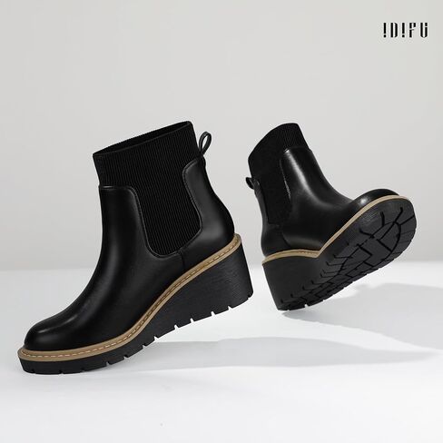 IDIFU IN3 Platform Chelsea Boots for Women Low Short Wedges Ankle Boots Lug Sole Trendy Fashion Comfortable Fall Dress Booties Slip On Elastic Casual Work Daily Round Toe Ladies Boots in Kuwait