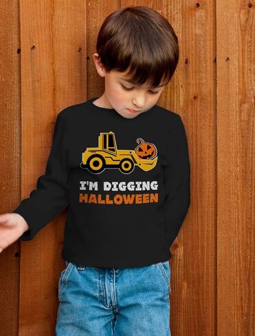 Construction Bulldozer I'm Digging Halloween Pumpkin Face Tractor Girls Boys Toddler Kids Long Sleeve T-Shirt in Kuwait