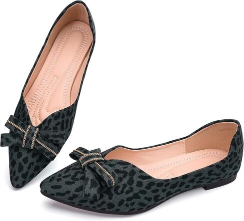 Pointed end Women Flat Shoes Classic Leopard Print Flat Shoes with Bow Decoration, Casual and Comfortable Flat Shoes in Kuwait