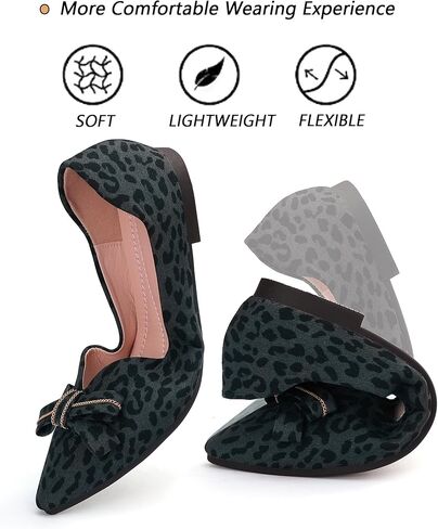 Pointed end Women Flat Shoes Classic Leopard Print Flat Shoes with Bow Decoration, Casual and Comfortable Flat Shoes in Kuwait