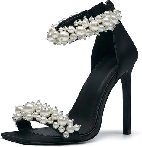 GOSERCE Women's Pearl Stiletto Heels Sandals Open Square Toe Pumps High Heels Ankle Back Zipper Satin Prom Wedding Party Dress for Women Heeled in Saudi Arabia