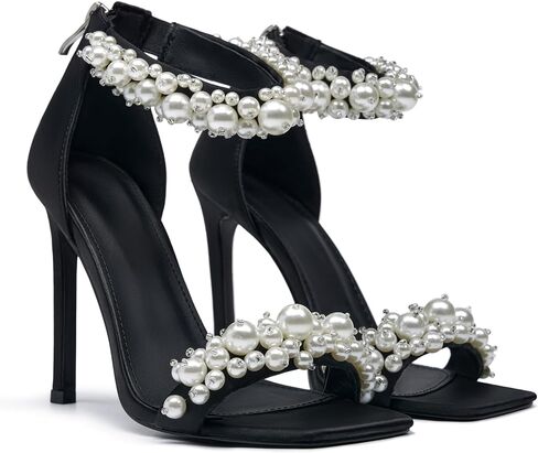 GOSERCE Women's Pearl Stiletto Heels Sandals Open Square Toe Pumps High Heels Ankle Back Zipper Satin Prom Wedding Party Dress for Women Heeled in Saudi Arabia