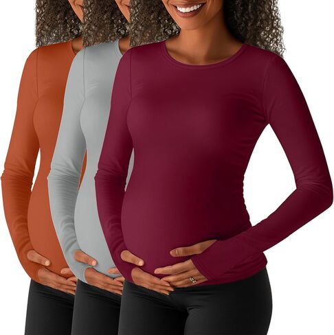 3 Pack Women's Long Sleeve Maternity Shirts with Thumbhole, Crew Neck Pregnancy Yoga Tunic Tops Soft Basic Mama Tee in Kuwait