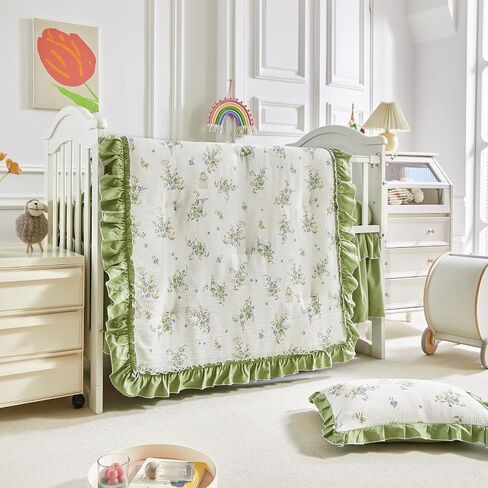 AIKASY Ruffled Shabby Chic Crib Bedding Set for Girls – Baby Quilted Comforter, Fitted Sheet, Bed Skirt, and Pillowcase in Saudi Arabia