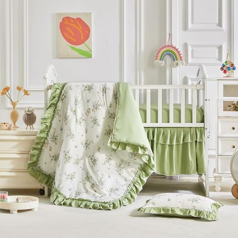 AIKASY Ruffled Shabby Chic Crib Bedding Set for Girls – Baby Quilted Comforter, Fitted Sheet, Bed Skirt, and Pillowcase in Saudi Arabia