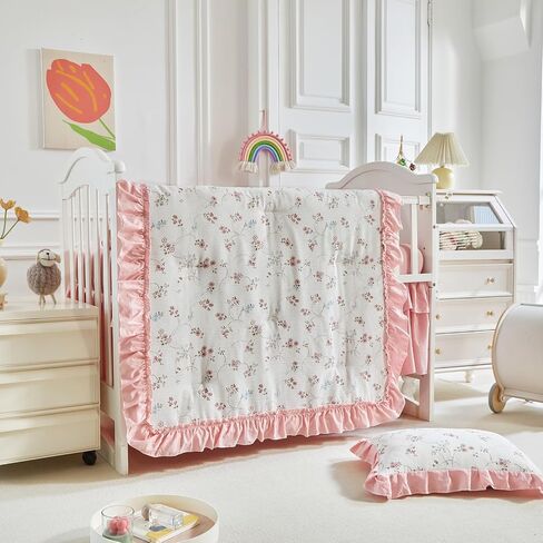 AIKASY Ruffled Shabby Chic Crib Bedding Set for Girls – Baby Quilted Comforter, Fitted Sheet, Bed Skirt, and Pillowcase in Saudi Arabia